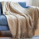 Khaki Knitted Tassels- Throw Blanket